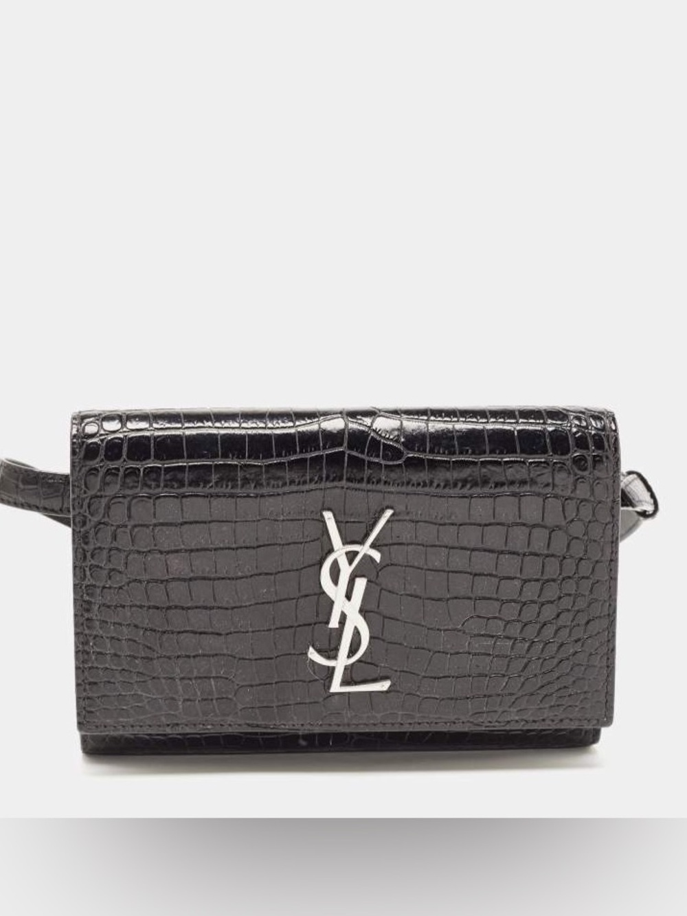 $1190 Authentic Saint Laurent Black Croc Embossed Leather Kate Belt Bag YSL
